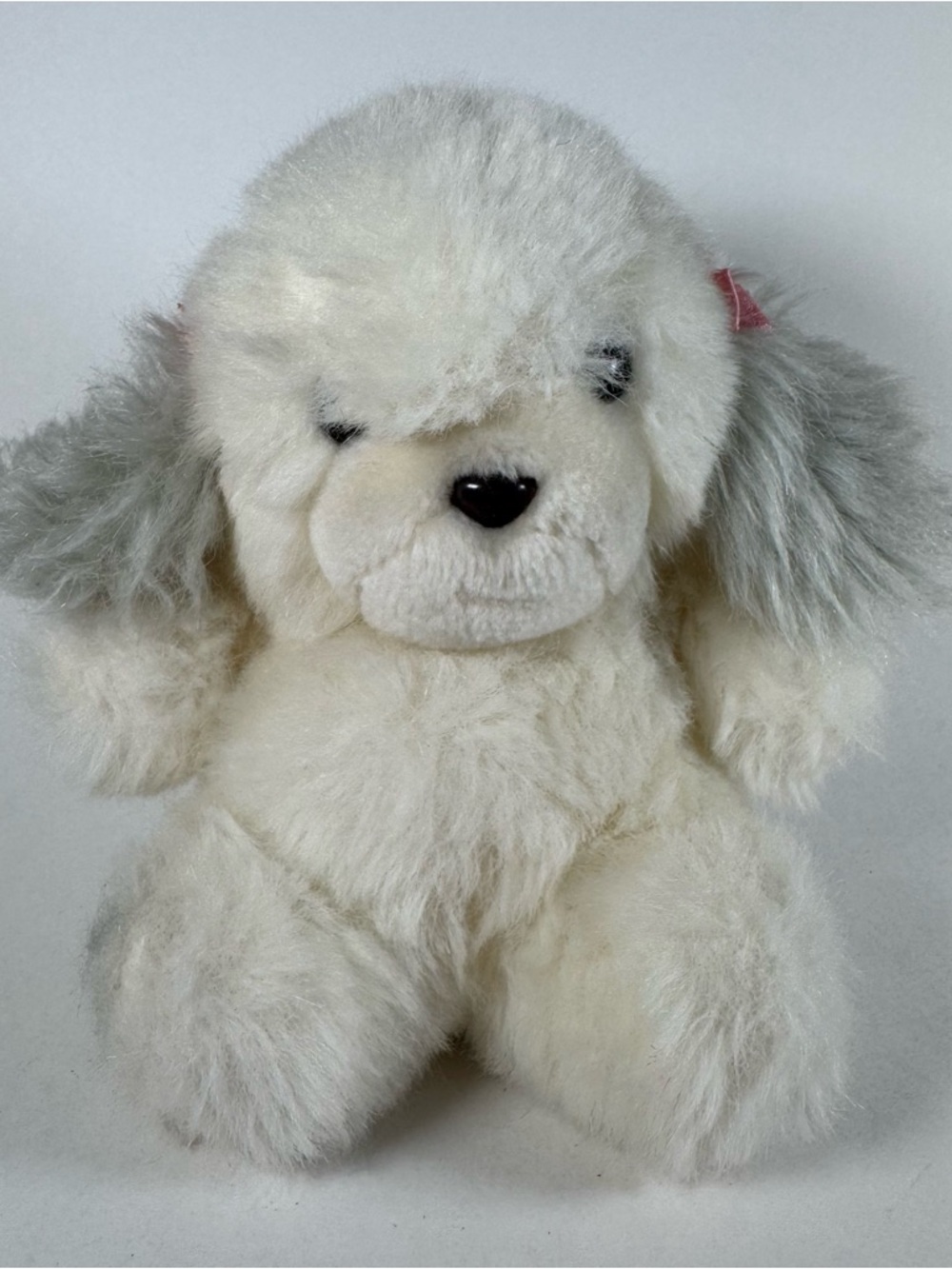 Mattel Vintage Plush Emotions Dog White Grey Pink Bow 1984 6" Stuffed Animal Toy